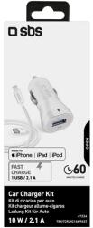 SBS Töltő Készlet Autós Töltővel - 1 USB Kimenet 2, 1A + USB Lightning Kábel, 1, 2 m, Fehér