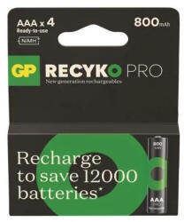 GP Batteries ReCyko Pro 800mAh NiMH HR03 AAA 4db tölthető mikro elem B26184 (GP-B26184)