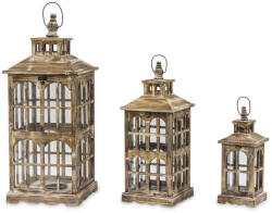 Art-Pol Vintage barna koptatott fa mécsestartó üvegezett lámpás lantern 3db-os szett 80x31 / 59x23 / 42x16cm (76631)