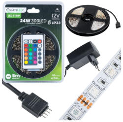 Lumiled Szett LED szalag szalag 12V 24W 300LED SMD 5050 RGB 8mm 5m + tápegység + távirányító (LUMTAS4055)