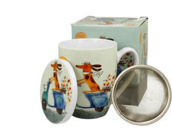 Duo Gift Porcelánbögre tetővel, fémszűrővel, 360ml, dobozban, Dog on a scooter (53845)