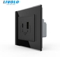 Livolo Priza dubla USB + USB tip C, cu rama sticla Negru (VL-FCUA18W.UC18W-P7E-2BP)