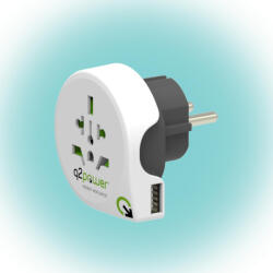 Q2POWER 1.100110 utazóadapter, World to Europe USB, bemeneti feszültség: 100-250 V, 16 A, teljesítmény: 100V-1600W/250V-4000W, USB port (1_100110)