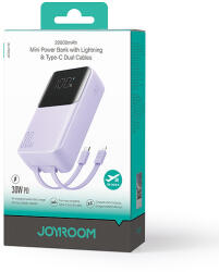JOYROOM JR-PBC07 20000mAh 30W mini power bank USB-C és Lightning kábelekkel - lila - dellaprint