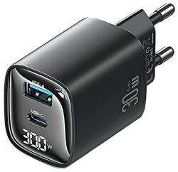 USAMS CC229 hálózati töltő USB+Type-C aljzat (30W, GaN, PD gyorstöltő, LED kijelző) FEKETE (CC229TC01) - bluedigital