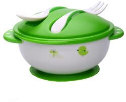 NOVOKIDS Set castronel copii cu lingurita si furculita NOVOKIDS Baby Bowl, cu ventuza, de la 6 luni, lingurita copii, furculita copii, manere lungi, Verde (NKBBYBOWLGREEN) Castron