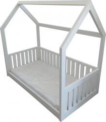 NOVOKIDS Pat tip casuta pentru copii NOVOKIDS Lovely Little House, 160x80 CM, Set cu Saltea din Spuma MATSEN® 10 CM Inclusa, Pal 18 mm, Margini anti-lovire, Protectie Laterala cu montare universala, Alb (NKLOV