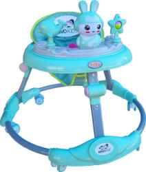 NOVOKIDS Premergator reglabil in 6 trepte de inaltime NOVOKIDS Happy Bunny, Cu melodii si lumini, Pliabil, Max 20 kg, Roti silentioase, Model Iepuras, Verde Turquoise (NKHPYBUNNYWLKTURQ)