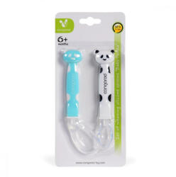 NOVOKIDS Set 2 lingurite din silicon pentru bebelusi NOVOKIDS Baby Panda BOY, de la 6 luni, lingura mare, lingura mica, manere lungi, Albastru (NKSPOONBBPBOY) Set pentru masa bebelusi