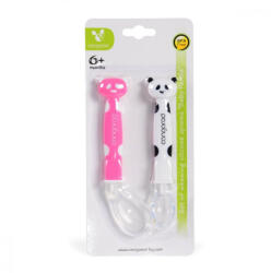 NOVOKIDS Set 2 lingurite din silicon pentru bebelusi NOVOKIDS Baby Panda GIRL, de la 6 luni, lingura mare, lingura mica, manere lungi, Roz (NKSPOONBBPGIRL) Set pentru masa bebelusi