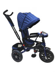 NOVOKIDS Tricicleta cu copertina NOVOKIDS Super Trike, Cu melodii si lumini, Roti din cauciuc, Pozitie somn, Scaun reversibil cu rotatie 360 grade, Albastru Jeans (NKSPRTRIKEBLUEJ)