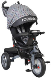 NOVOKIDS Tricicleta cu copertina Novokids Tornado , Cu melodii si lumini, Roti gomflabile din cauciuc, Pozitie somn, Scaun reversibil cu invartire 360 grade , Cadru metalic, Dimensiuni 110X60X90 cm, Gri (NKTOR
