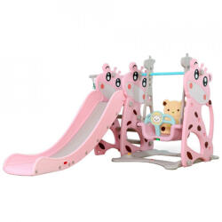 NOVOKIDS Tobogan 3 in 1 Pentru Copii NOVOKIDS Giraffe Playground, Cu Leagan, Pentru Interior si Exterior, 187 centimetri panta alunecare, Max 25 Kg, Cos de baschet inclus , Roz (NKGIRAFPLAYPINK)