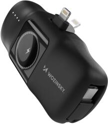 Wozinsky WF16-YLS mini powerbank 5000mAh 15W Lightning csatlakozóval, beépített Type-C kábellel + vezeték nélküli Apple Watch töltés - fekete