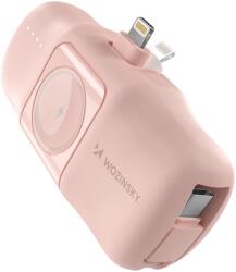 Wozinsky WF16-YLS mini powerbank 5000mAh 15W Lightning csatlakozóval, beépített Type-C kábellel + vezeték nélküli Apple Watch töltés - rózsaszín