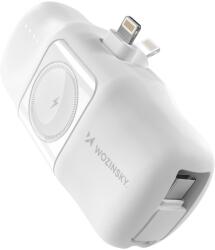 Wozinsky WF16-YLS mini powerbank 5000mAh 15W Lightning csatlakozóval, beépített Type-C kábellel + vezeték nélküli Apple Watch töltés - fehér