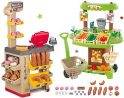 Smoby Set brutărie cu prăjituri Baguette&Croissant Bakery Smoby cu casă de marcat electronică și stand de legume Bio cu cărucior Organic 100% Chef (SM350220-15)