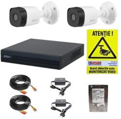 Dahua Kit supraveghere Dahua 2 camere 2MP lentila 3.6mm IR 20m IP67, DVR 4 canale WizSense 1080N/720p, accesorii montaj, HDD 500GB + CADOU Autocolant ROVISION (45112-)