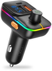  Bluetooth FM transmitter, 2xUSB, 1xType-C, LED kijelző, 25W, BT5.0, fekete, XO-BCC09