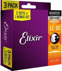 Elixir Nanoweb 3-Pack Custom Light 80/20 Bronze 11-52