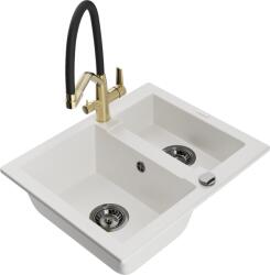 Mexen Carlos, 1, 5 kamrás gránit mosogató 582x475x177 mm és Duo mosogató csaptelep, fehér, 6518-20-671701-57-B (6518-20-671701-57-B)