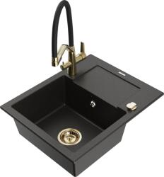 Mexen Enzo, gránit mosogató 576x465x174 mm, 1 kamrás és Duo mosogató csaptelep, fekete-arany metál, 6506-75-671701-57-G (6506-75-671701-57-G)