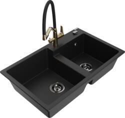 Mexen Tomas, 2 kamrás gránit mosogató 800x500x190 mm és konyhai csaptelep Duo, fekete, 6516-77-671701-57-B (6516-77-671701-57-B)