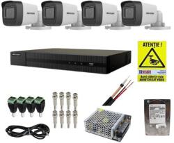 Hikvision Kit complet supraveghere 5 MP Hikvision Turbo HD cu 4 camere Bullet IR 30 m, alimentator, cabluri, mufe, HDD 1 Tb, vizualizare pe internet (45217-)