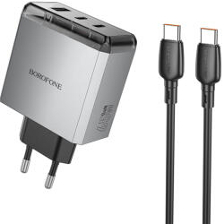 BOROFONE hálózati USB-C, Type-C töltő BN22 Lena GaN - 2xType C + USB - QC 3.0 PD 65W, Type C-ről Type C-re kábellel, szürke