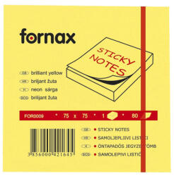 Jegyzettömb öntapadó, 75x75mm, 80lap, Fornax neon sárga - tobuy