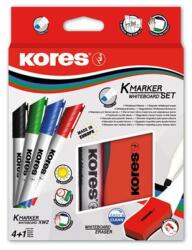Kores Tábla- és flipchart marker készlet mágneses táblatörlő szivaccsal, 3-5 mm, vágott, KORES, 4 különböző szín (20865)