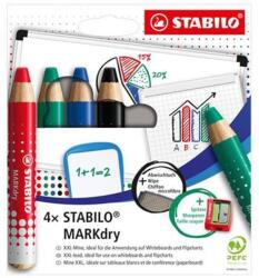 STABILO Táblaceruza készlet, fehértáblához, flipchartpapírhoz kúpos, STABILO "MARKdry", 4 féle szín törlővel és hegyezővel (648/4-5) - nyomtassingyen