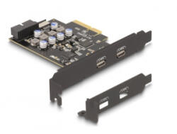 Delock PCI expressz x4 kártya - 2 x külső USB Type-C csatlakozó + 1 x belső USB 10 Gbps Type-E Key A and 1 x 19 pin USB pin header male -
