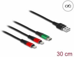 Delock 30 cm hosszú, USB töltő kábel 3 az 1 A-típusú apa 2 x Lightning -, es USB Type-C csatlakozáshoz (87881) (87881) - aqua