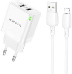 BOROFONE hálózati USB töltő adapter BN15 Strong - 2xUSB - 2, 1A Lightning kábellel fehér