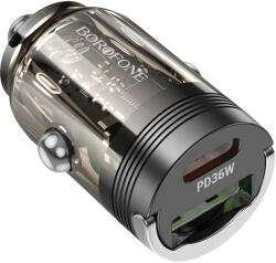 BOROFONE autós töltő BZ29A Talented - USB + Type C - QC 3.0 PD 36W 3A átlátszó-fekete