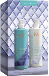 Moroccanoil Duo Kit: sampon, 500 ml + ibolya balzsam, 500 ml a réztónusok semlegesítésére szőke, szőkített vagy ősz hajban