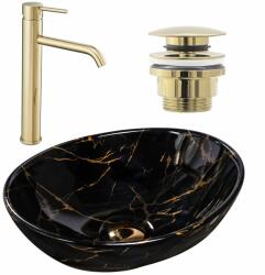 készlet Pultos mosdó Sofia marble black + Fürdőszobai csaptelep Lungo gold + Dugó gold (44197)