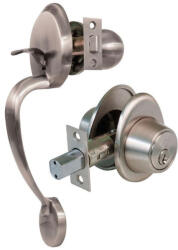 Gomboss/perfekto Amig Amerikai Stílusú Bejárati Ajtókra Való Kilincs-Zár Szett Szatén króm Kerek Pajzzsal (25-600144-80)