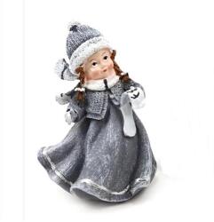 Szürke ruhás lányka papirral. Magassága: kb. 9, 5 cm