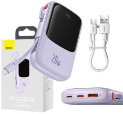 Baseus 034155 Baseus Qpow Pro Powerbank beépítettLightning kábellel, USB-A + USB Type-C aljzat, 10000mAh, 20W , lila (034155)