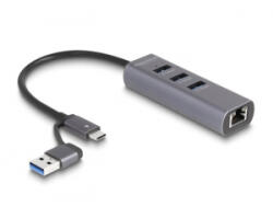 Delock 3 portos USB 5 Gbps Hub + Gigabit LAN USB Type-C csatlakozóval vagy A-típusú USB csatlakozóval fém vázban (64282)