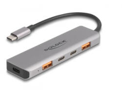 Delock USB 10 Gbps Hub 2 A-típusú USB port és 2 USB Type-C port USB Type-C csatlakozóval és PD 95 Watt (64302) (64302)