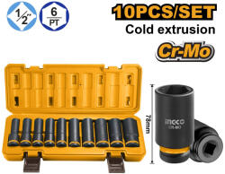 INGCO Gépi hosszú dugókulcs készlet 10 részes 1/2" 10-24 mm CrMo (HKISSD12102L)