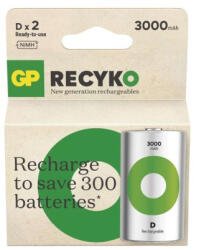 GP Batteries ReCyko NiMH Újratölthető Elem HR20 (D) 3000mAh 2db 1000+ Töltési Ciklus
