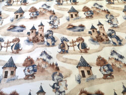  Pamutvászon textil - 160 cm / barna - kék iskolás dínók - elfordított mintás