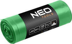 NEO TOOLS Szemeteszsák 60l, 60x70cm, zöld, erősített húzószalagos, vastagság: 35mic, 10db, Minimum rendelés: 5cs (15-990)