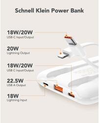 VEGER W1170 powerbank 10000mAh 2A 22.5W QC3.0 PD beépített Type-C és Lightning kábellel fehér - fehér
