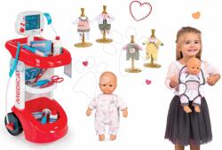 Smoby Set cărucior medical cu tensiometru Smoby efecte sonore şi păpuşă Baby Nurse marsupiu şi 2 hăinuţe pentru păpuşă (SM24475-1)