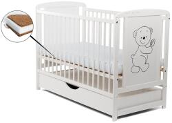 BabyNeeds - Patut din lemn Timmi 120x60 cm, Cu sertar cu capac, Din lemn de pin si mdf, Stabil si rezistent, Inaltime saltea reglabila pe 3 nivele, Laterala cu 3 bete detasabile, EN716-1, EN716-2, Alb + Saltea